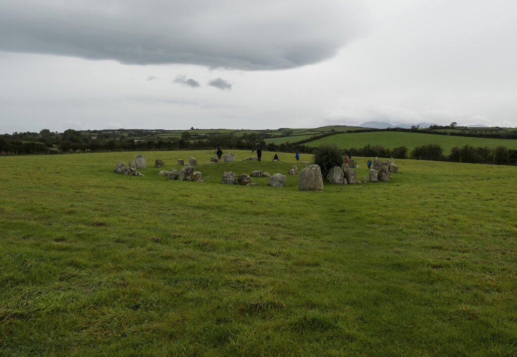 Wide view of Ballynoe Stone Circle in County Down farmland