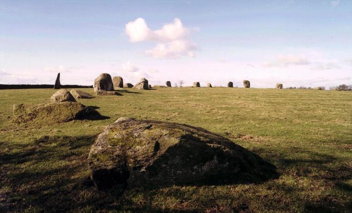 The broad stone ring with the tall Long Meg monolith on the horizon