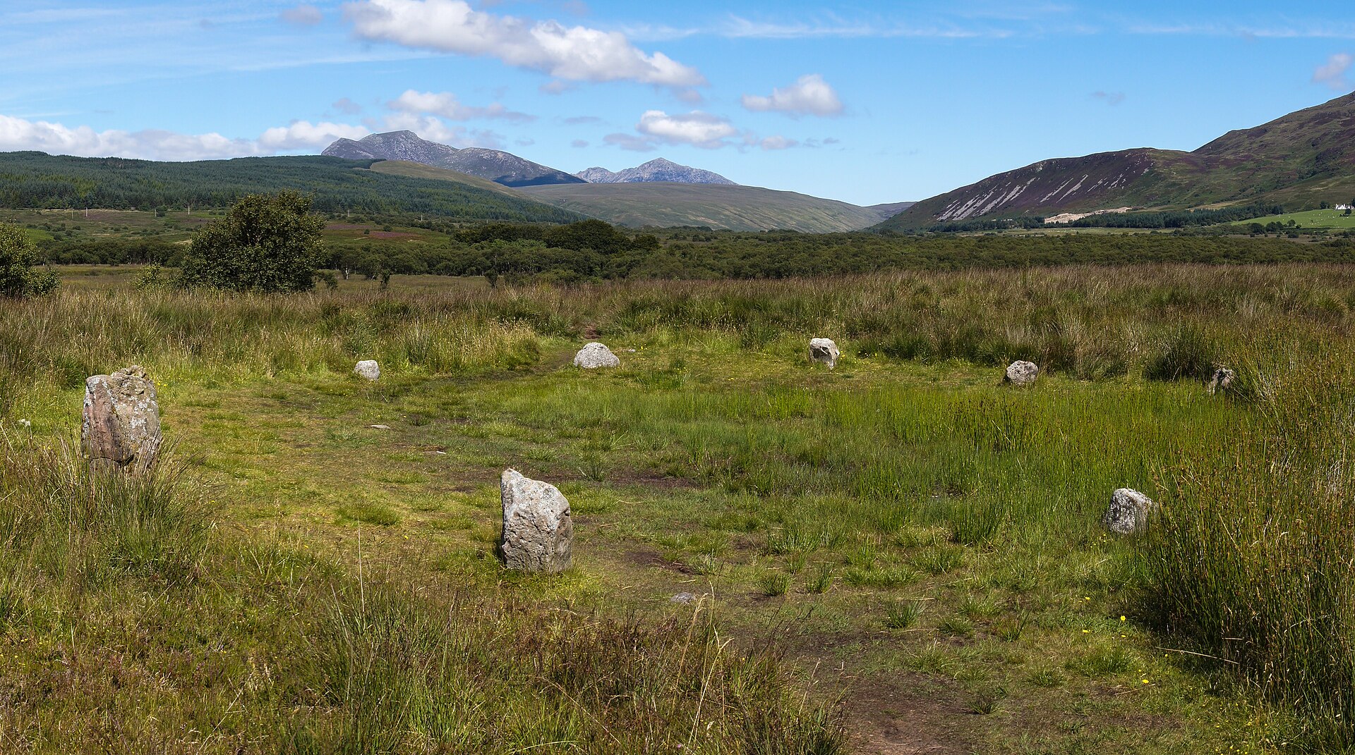 Machrie Moor stone circle beneath the mountains of Arran